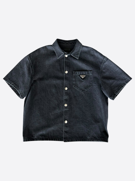 Prada Washed Black Logo Denim Button Up Shirt