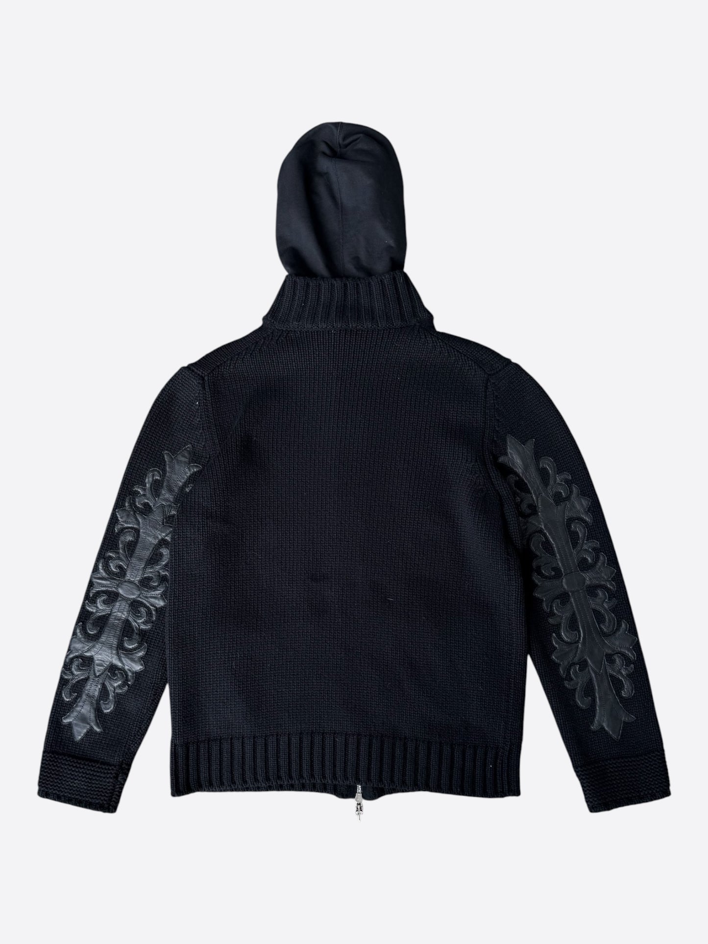 Chrome Hearts Black Leather Floral Cross Patch Cashmere Zip Up Hoodie