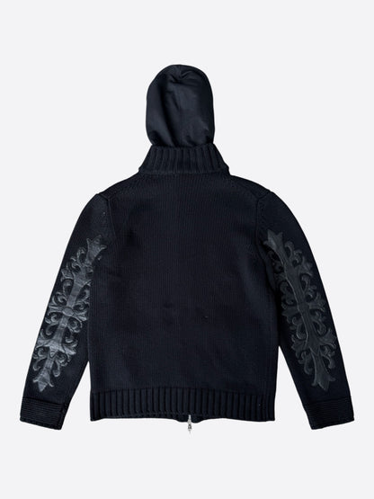 Chrome Hearts Black Leather Floral Cross Patch Cashmere Zip Up Hoodie