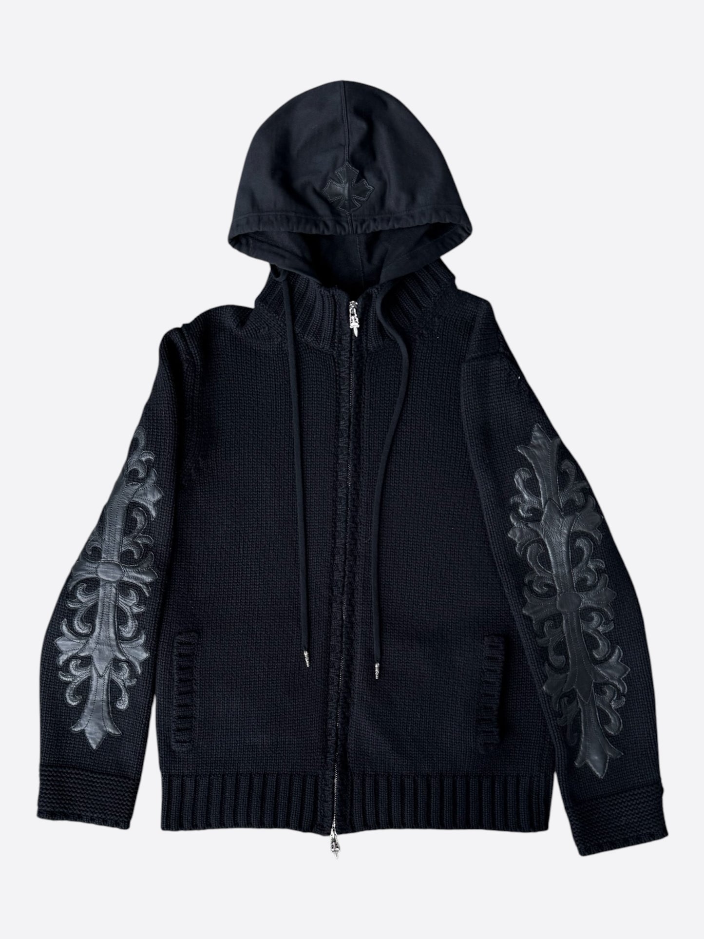 Chrome Hearts Black Leather Floral Cross Patch Cashmere Zip Up Hoodie
