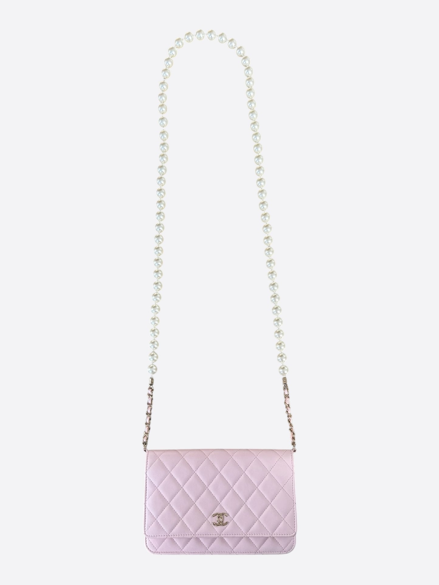 Chanel Pink Quilted CC Pearl Wallet On Chain Bag