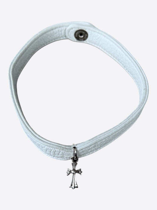 Chrome Hearts White & Rhodium Leather Cross Charm Choker Necklace