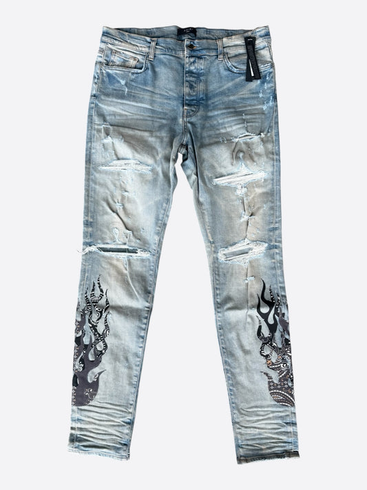 Amiri Clay Indigo & Black Bandana Flame Patch Jeans