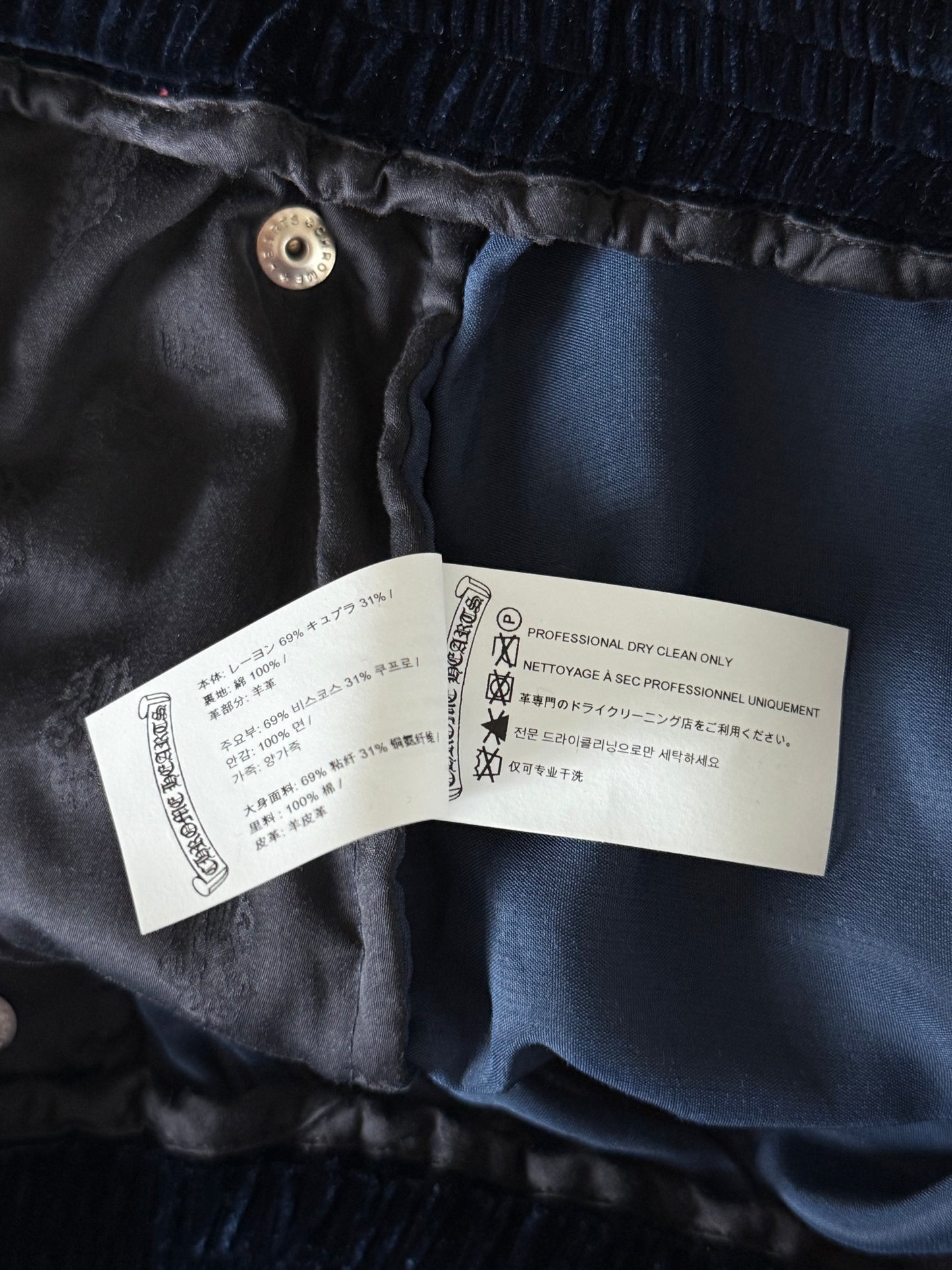 Chrome Hearts Navy & White Embroidered Logo Velour Track Pants
