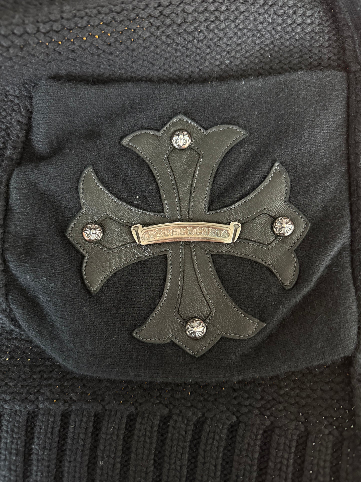Chrome Hearts Black Leather Floral Cross Patch Cashmere Zip Up Hoodie