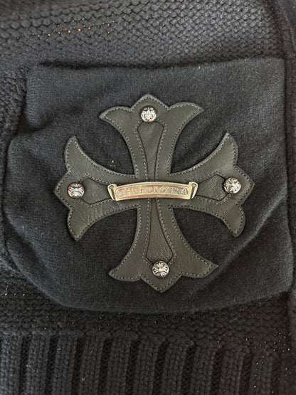 Chrome Hearts Black Leather Floral Cross Patch Cashmere Zip Up Hoodie