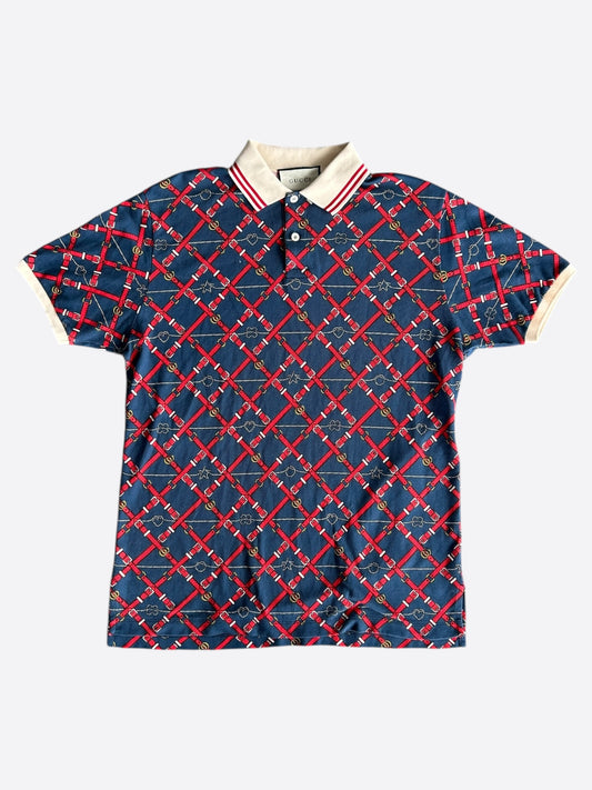 Gucci Navy & Red Belt Print Polo T-Shirt