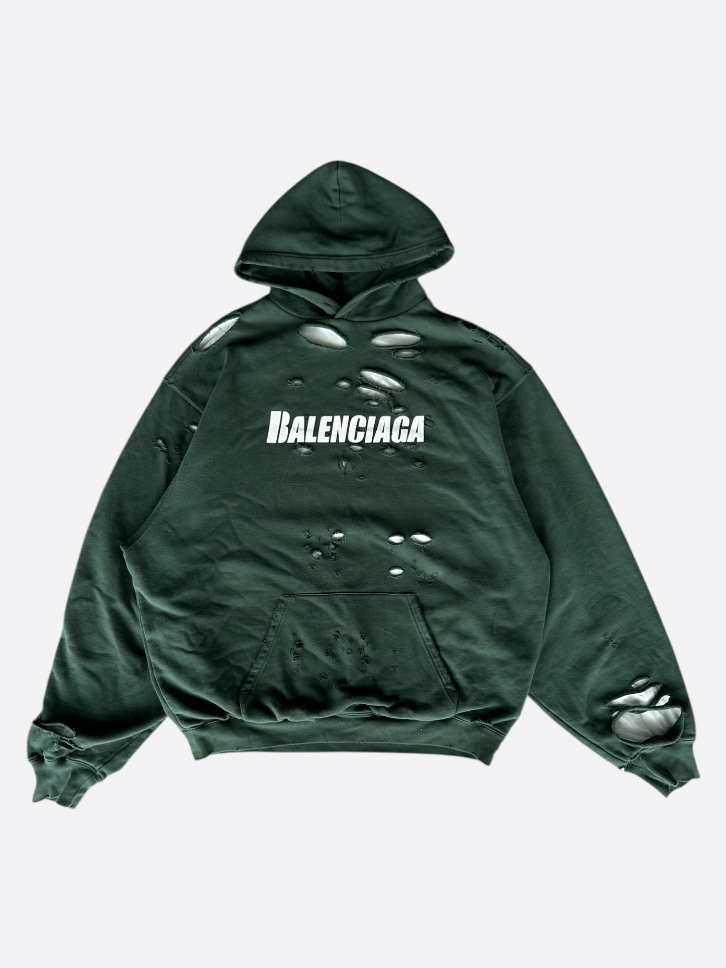 Balenciaga Green & White Logo Distressed Hoodie