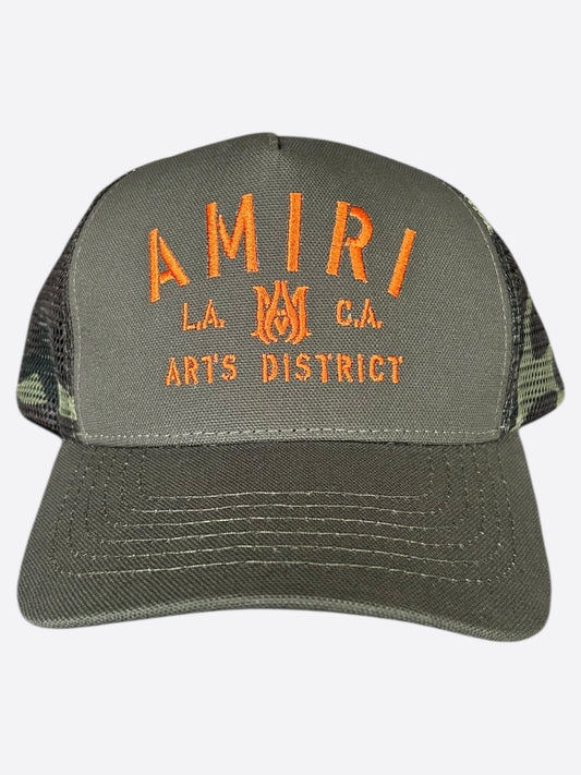 Amiri Camouflage & Orange Stencil Logo Trucker Hat