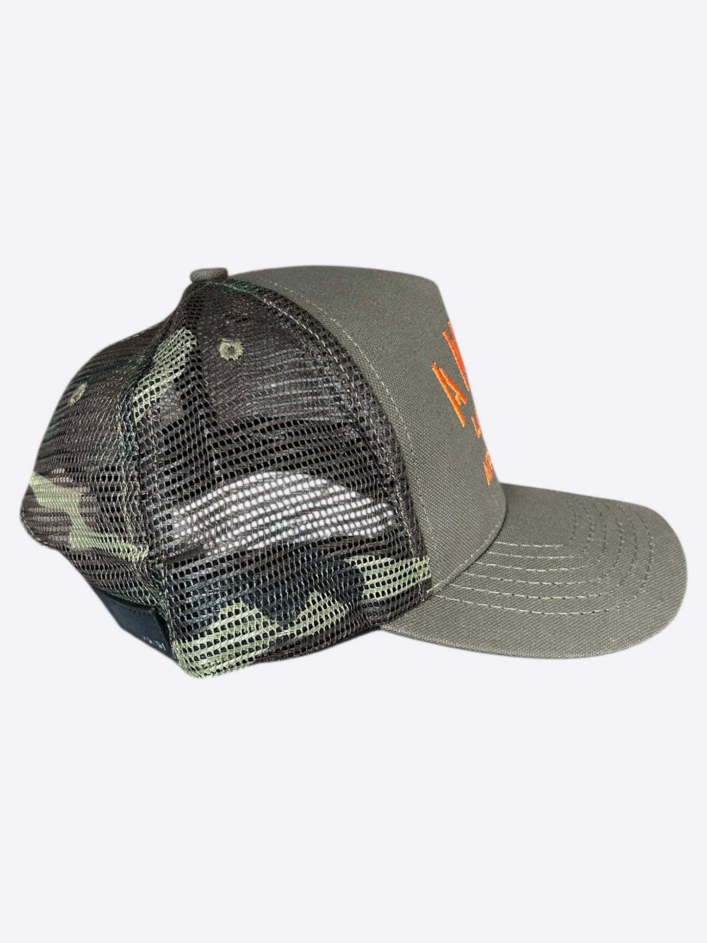 Amiri Camouflage & Orange Stencil Logo Trucker Hat