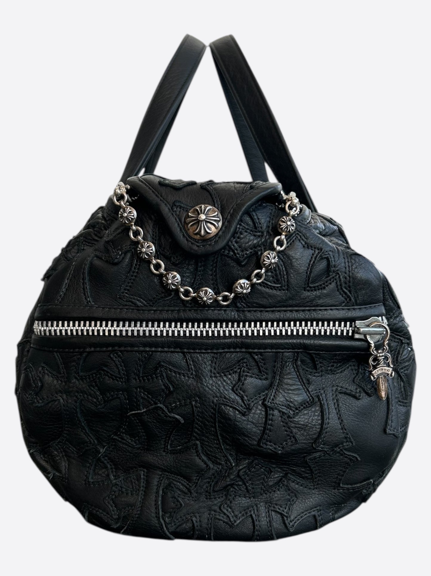 Chrome Hearts Black Leather Cross Patch Duffel Bag