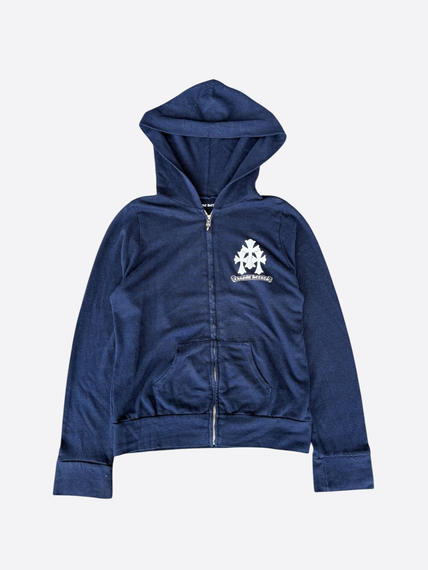 Chrome Hearts Matty Boy Navy & White Triple Cross Graphic Zip Up Hoodie