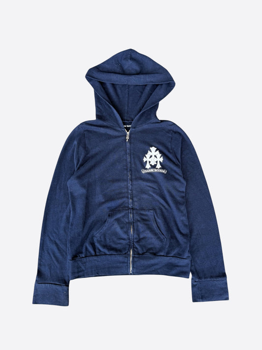 Chrome Hearts Matty Boy Navy & White Triple Cross Graphic Zip Up Hoodie