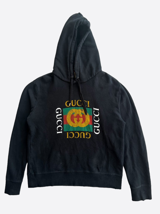 Gucci Black Bootleg Logo Distressed Hoodie