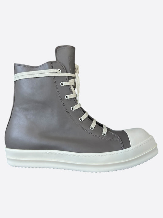 Rick Owens Grey & White Leather High Top Sneakers