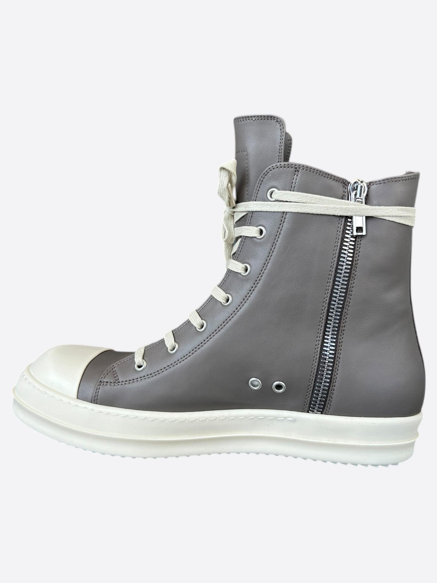 Rick Owens Grey & White Leather High Top Sneakers