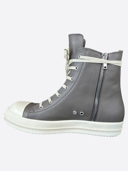 Rick Owens Grey & White Leather High Top Sneakers