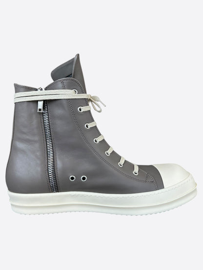 Rick Owens Grey & White Leather High Top Sneakers