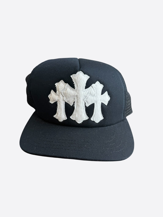 Chrome Hearts Black & White Ponyhair Triple Cross Patch Hat
