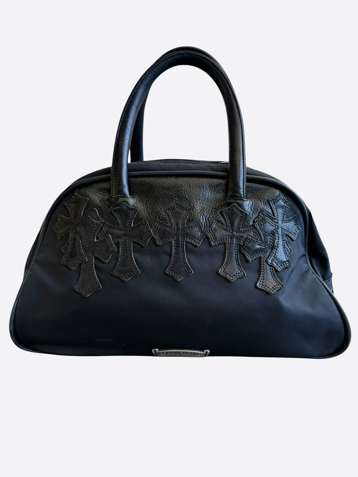 Chrome Hearts Black Leather & Nylon Cross Patch Bowling Bag