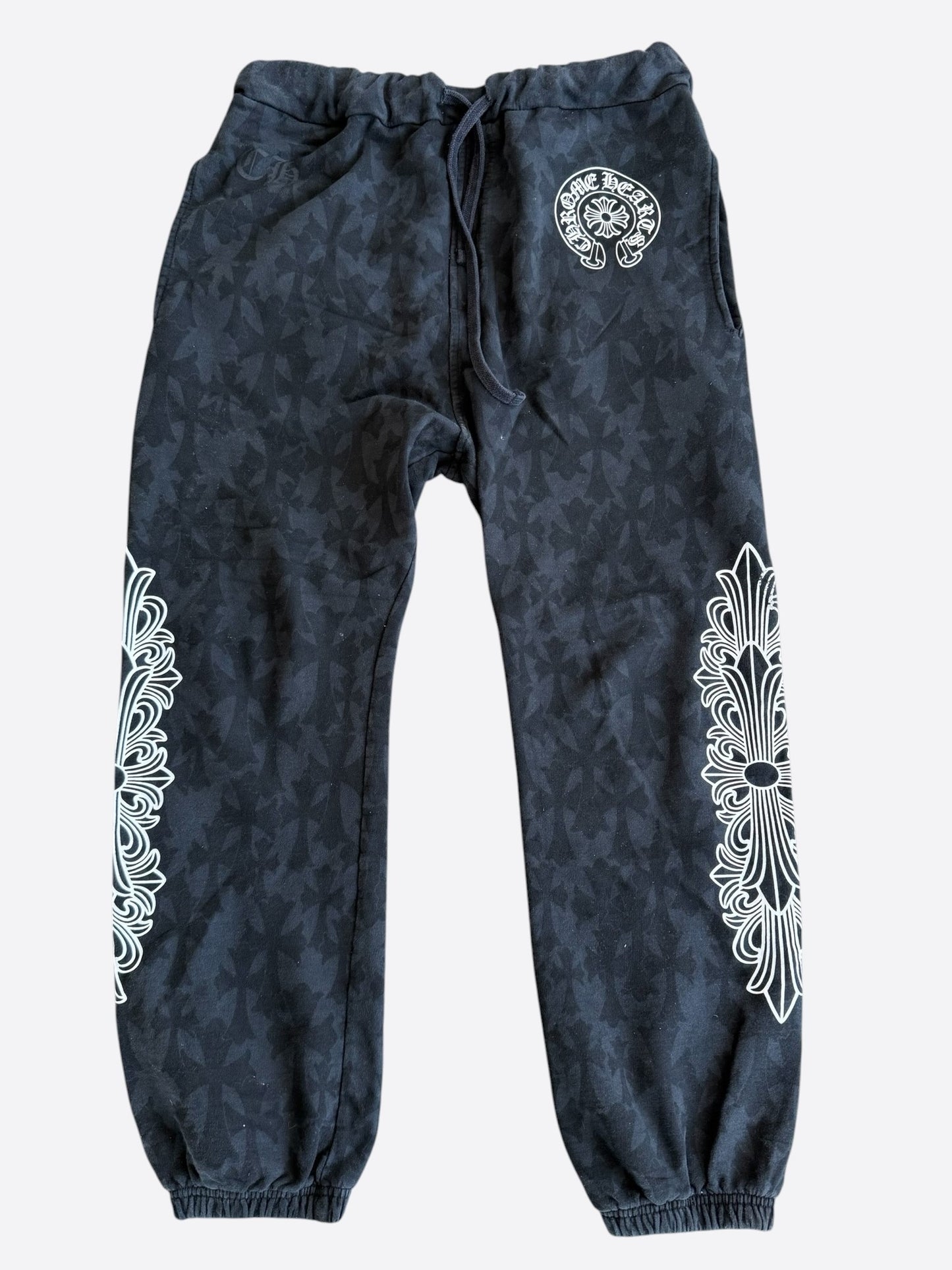 Chrome Hearts Black & White Horseshoe Logo Cemetery Cross Jacquard Sweatpants