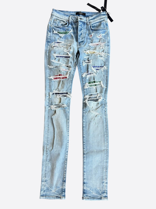 Amiri Clay Indigo Multicolor Bandana Patch Thrasher Jeans