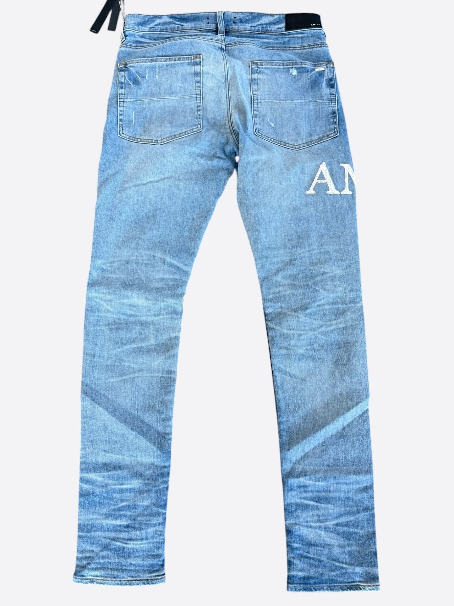 Amiri Perfect Indigo & White Serif Logo Distressed Jeans
