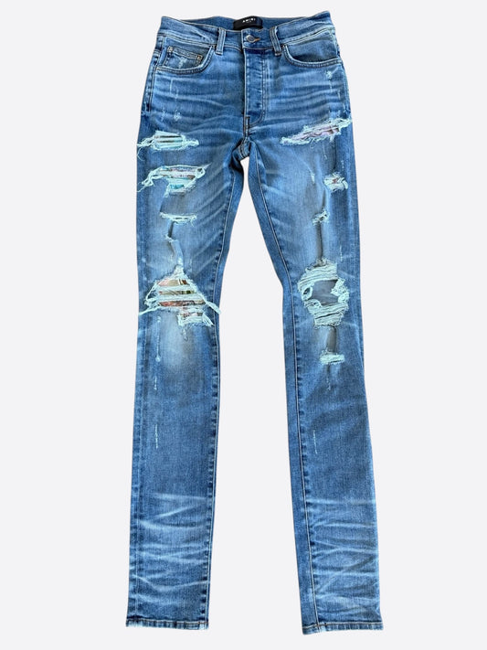 Amiri Clay Indigo Multicolor Patch Distressed Jeans