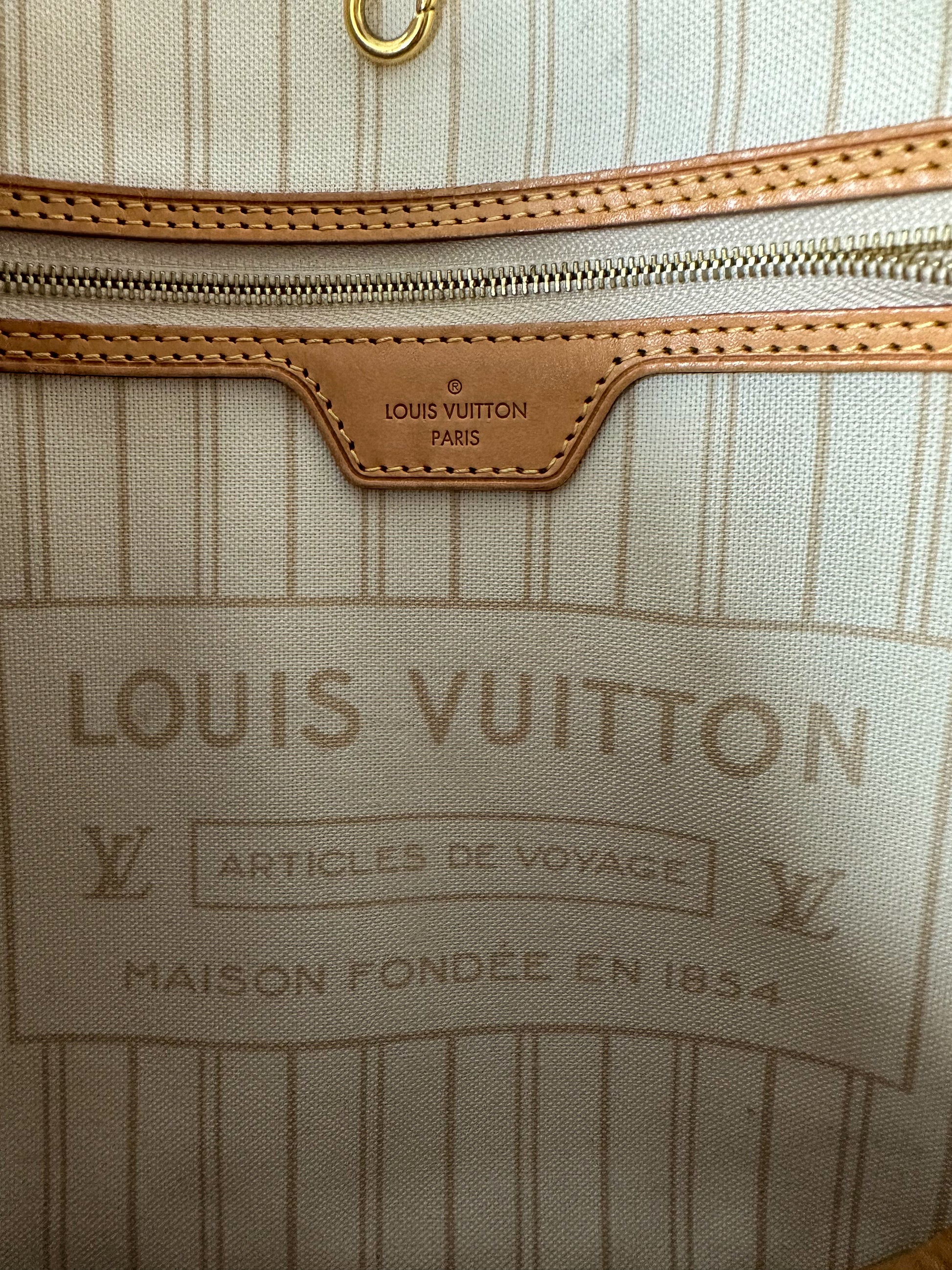 Louis Vuitton Neverfull MM Toile Damier Azur Beige Leather ref