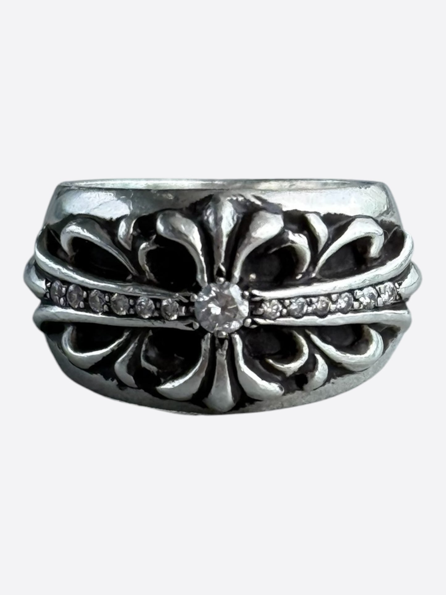Chrome Hearts Silver & Diamond Keeper Cross Floral Ring