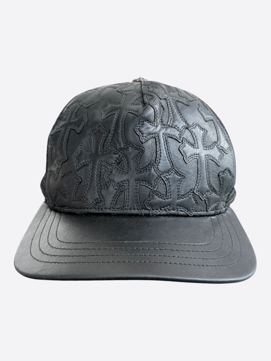Chrome Hearts Black Leather Cemetery Cross Patch Trucker Hat
