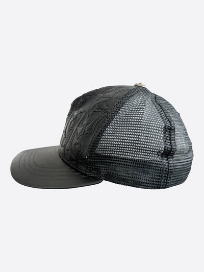 Chrome Hearts Black Leather Cemetery Cross Patch Trucker Hat