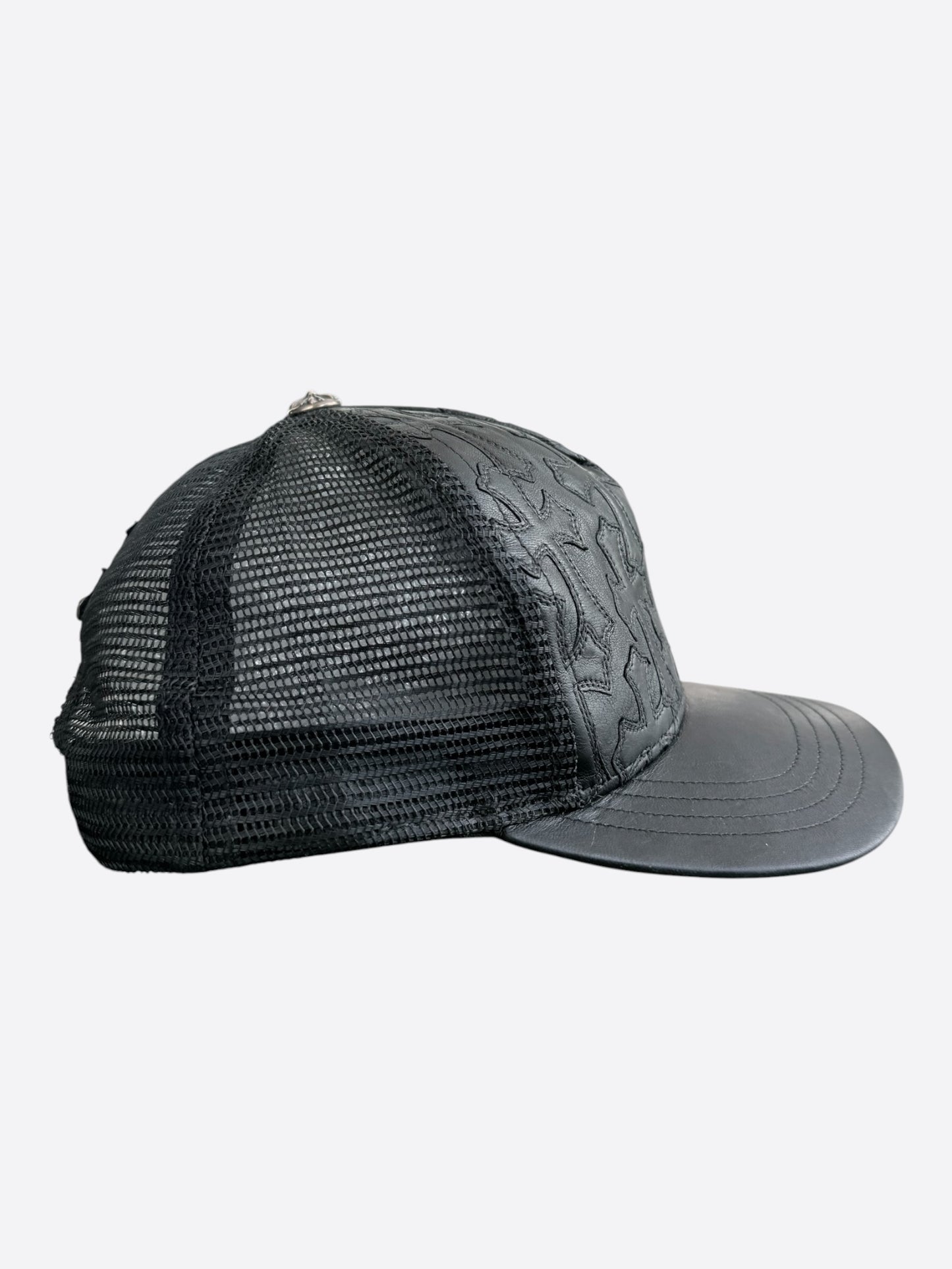 Chrome Hearts Black Leather Cemetery Cross Patch Trucker Hat