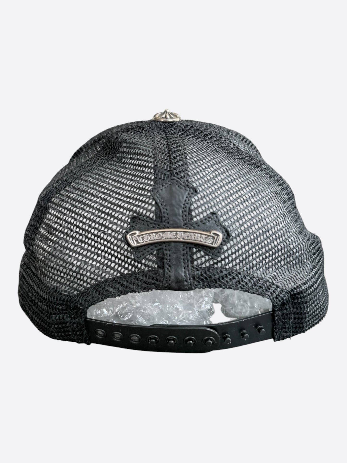 Chrome Hearts Black Leather Cemetery Cross Patch Trucker Hat