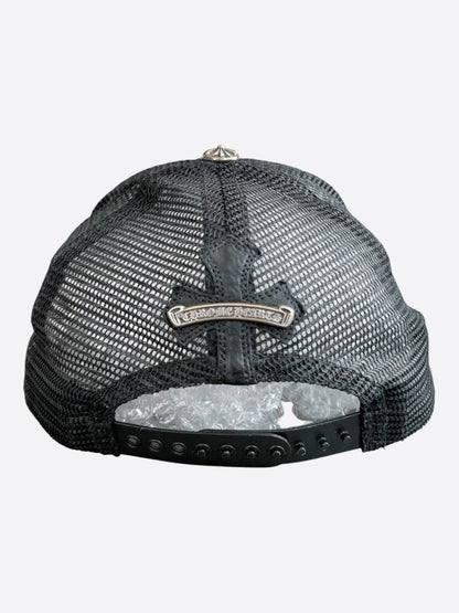 Chrome Hearts Black Leather Cemetery Cross Patch Trucker Hat