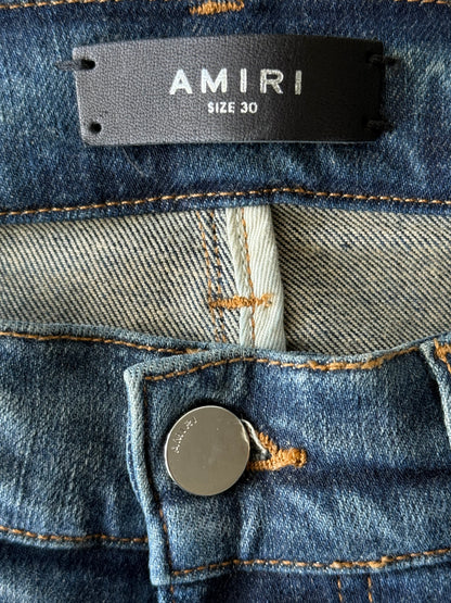 Amiri Deep Indigo & Blue Bandana English Logo Distressed Jeans