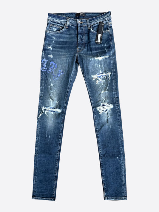 Amiri Deep Indigo & Blue Bandana English Logo Distressed Jeans