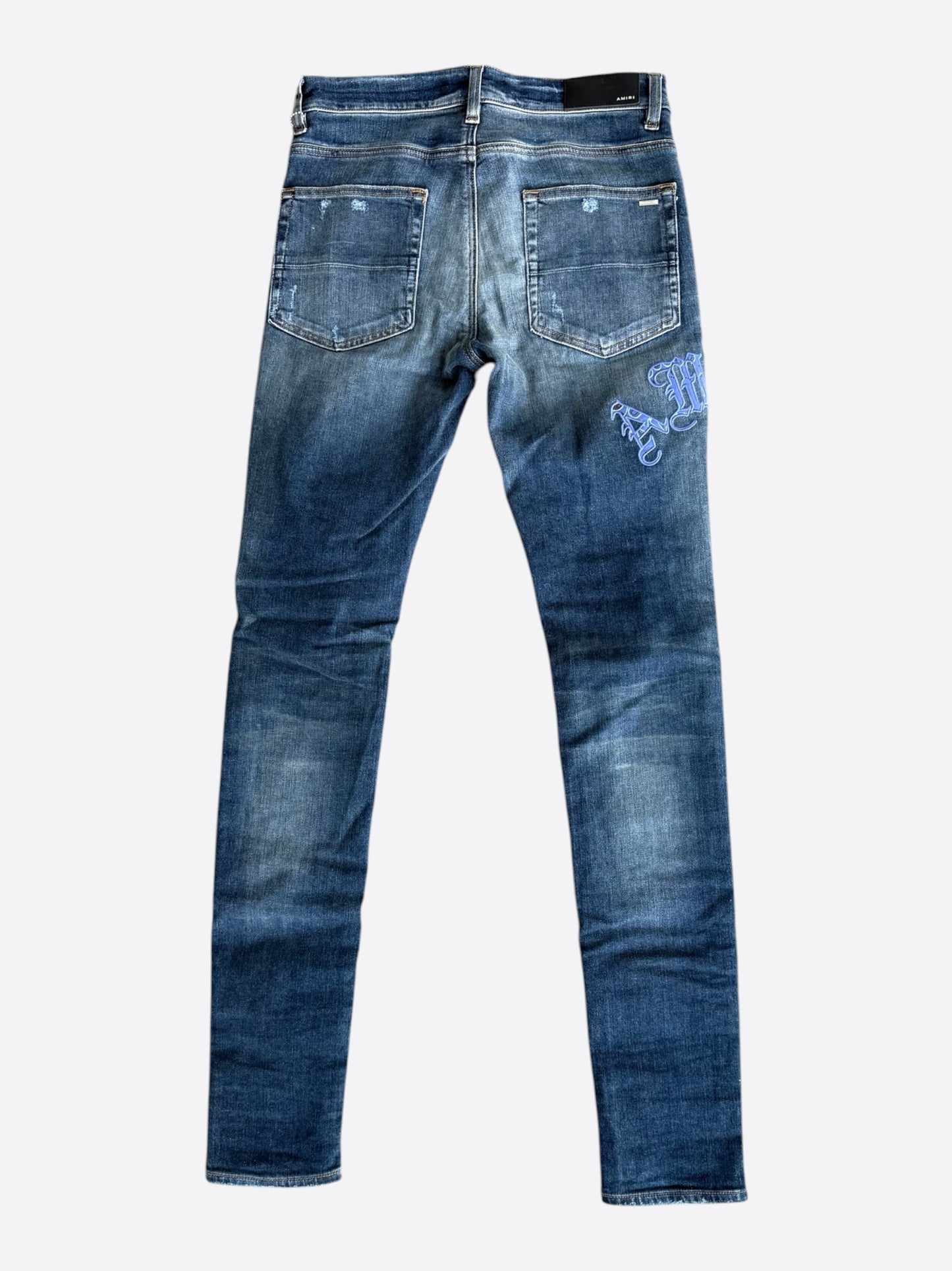 Amiri Deep Indigo & Blue Bandana English Logo Distressed Jeans