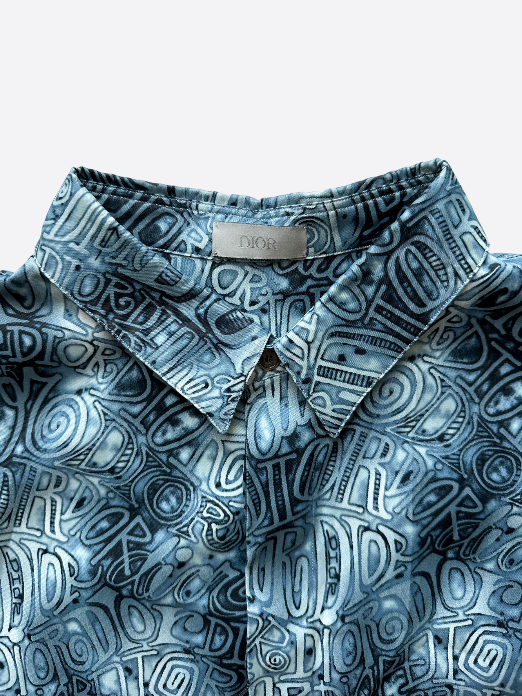 Dior Stussy Blue Wavy Print Button Up Shirt