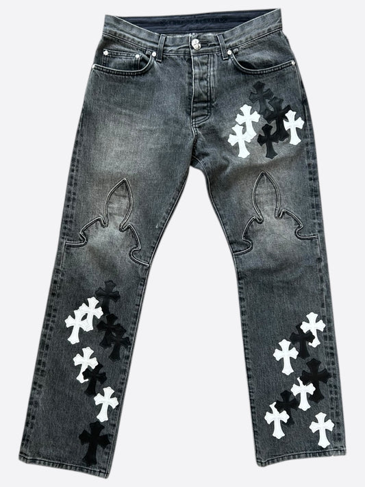 Chrome Hearts Grey Black & White Cross Patch Fleur Jeans
