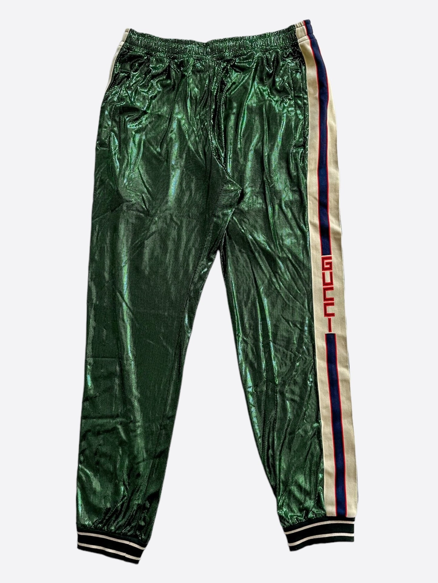 Gucci Metallic Green Logo Striped Trackpants