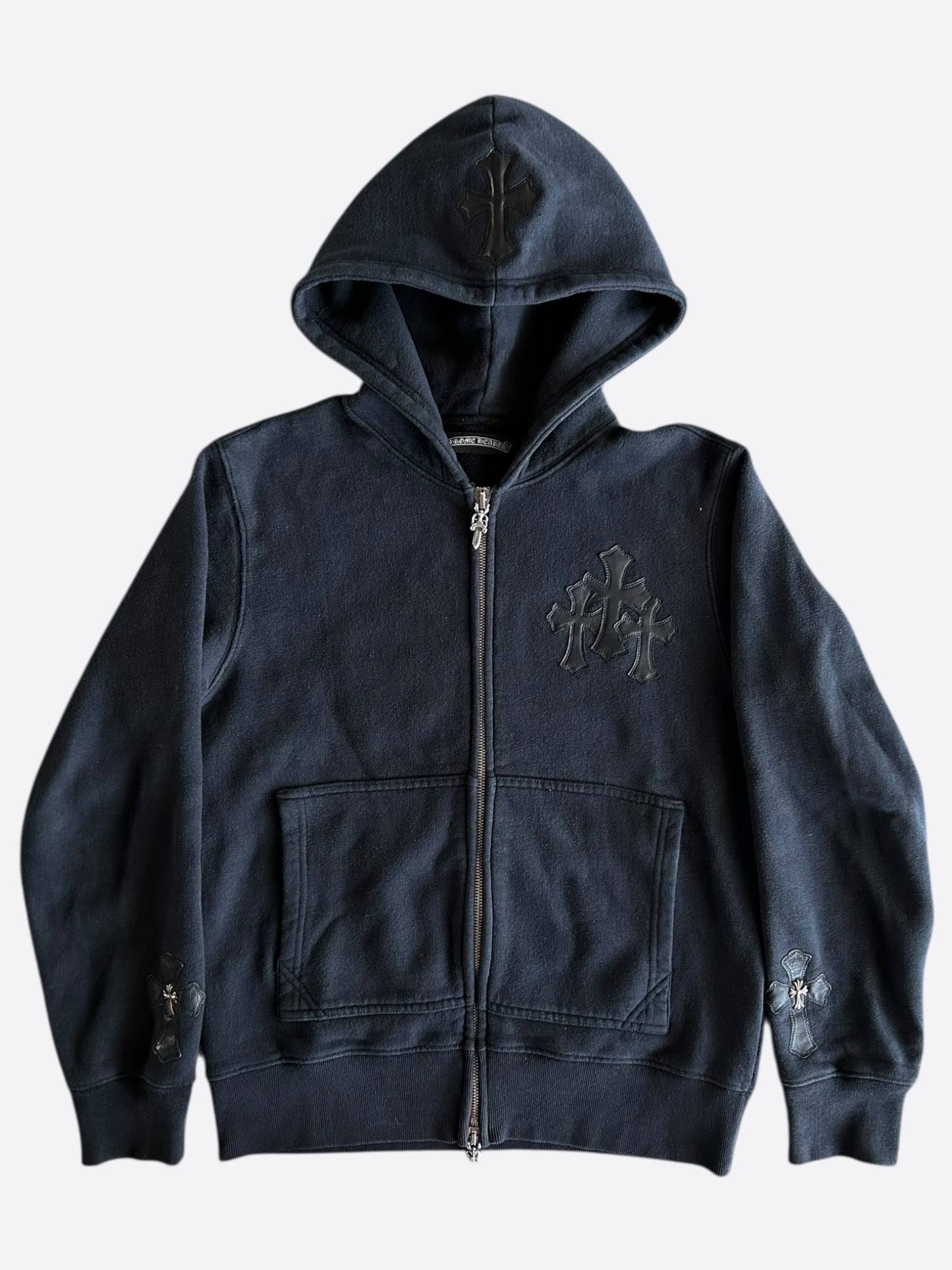 Chrome Hearts Black Leather Triple Cross Patch Zip Up Hoodie