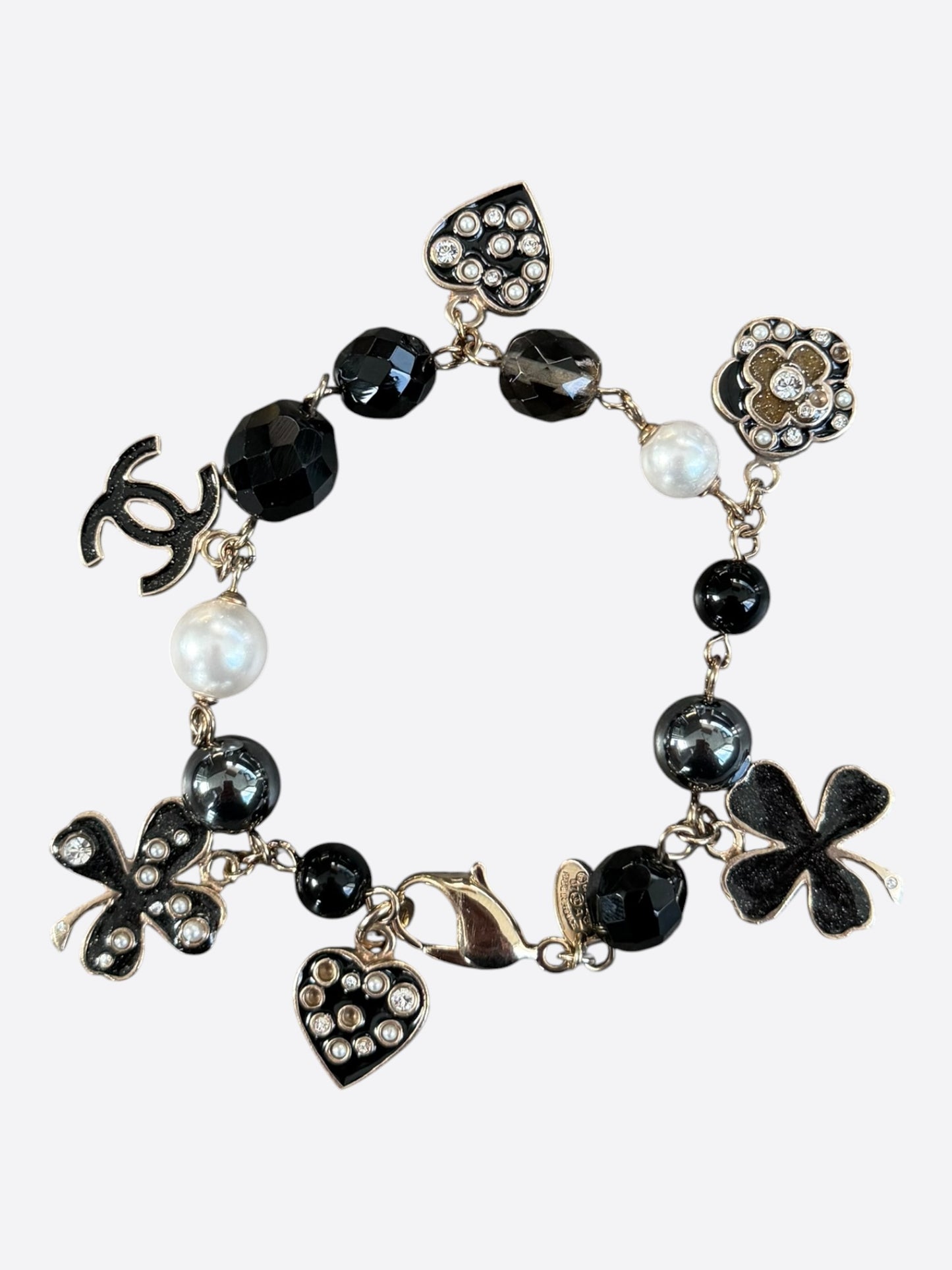 Chanel Silver & Black CC Faux Pearl Charm Bracelet