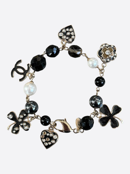 Chanel Silver & Black CC Faux Pearl Charm Bracelet