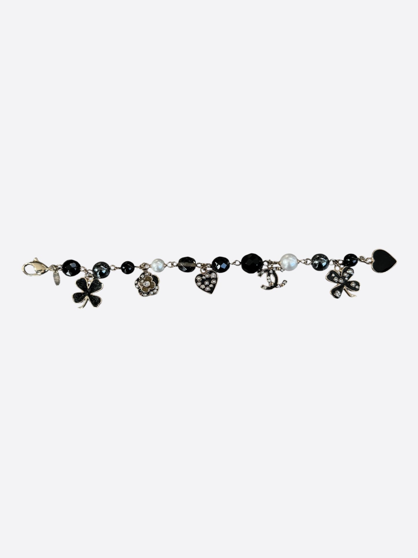 Chanel Silver & Black CC Faux Pearl Charm Bracelet