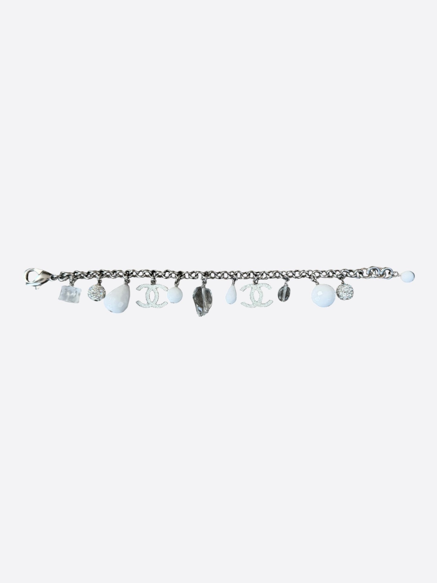 Chanel Silver & White CC Crystal Charm Bracelet