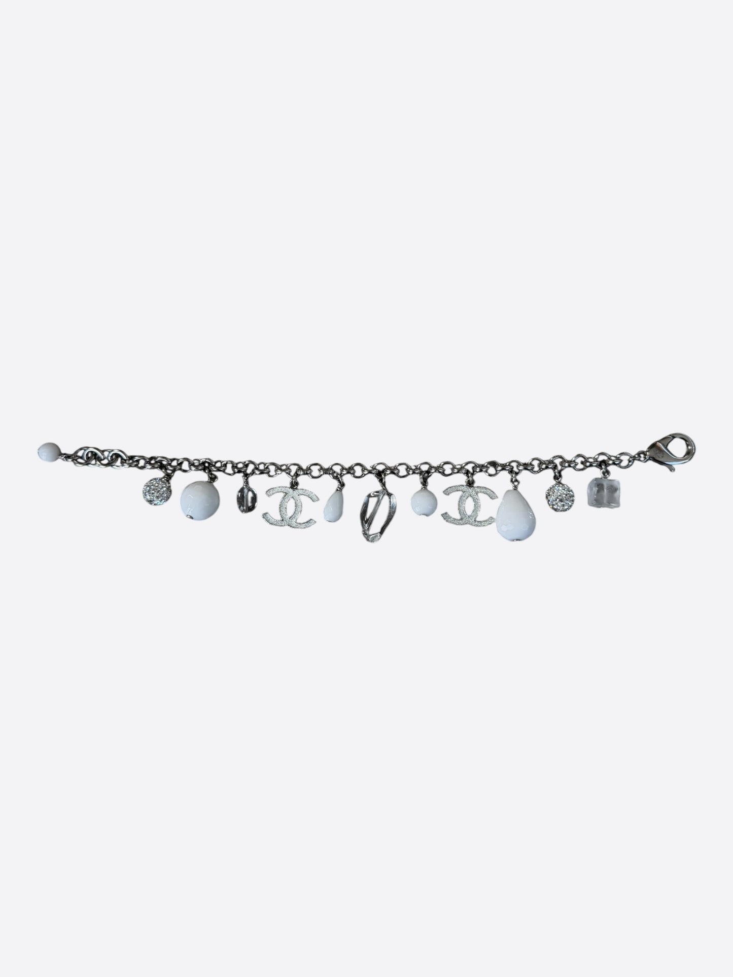 Chanel Silver & White CC Crystal Charm Bracelet