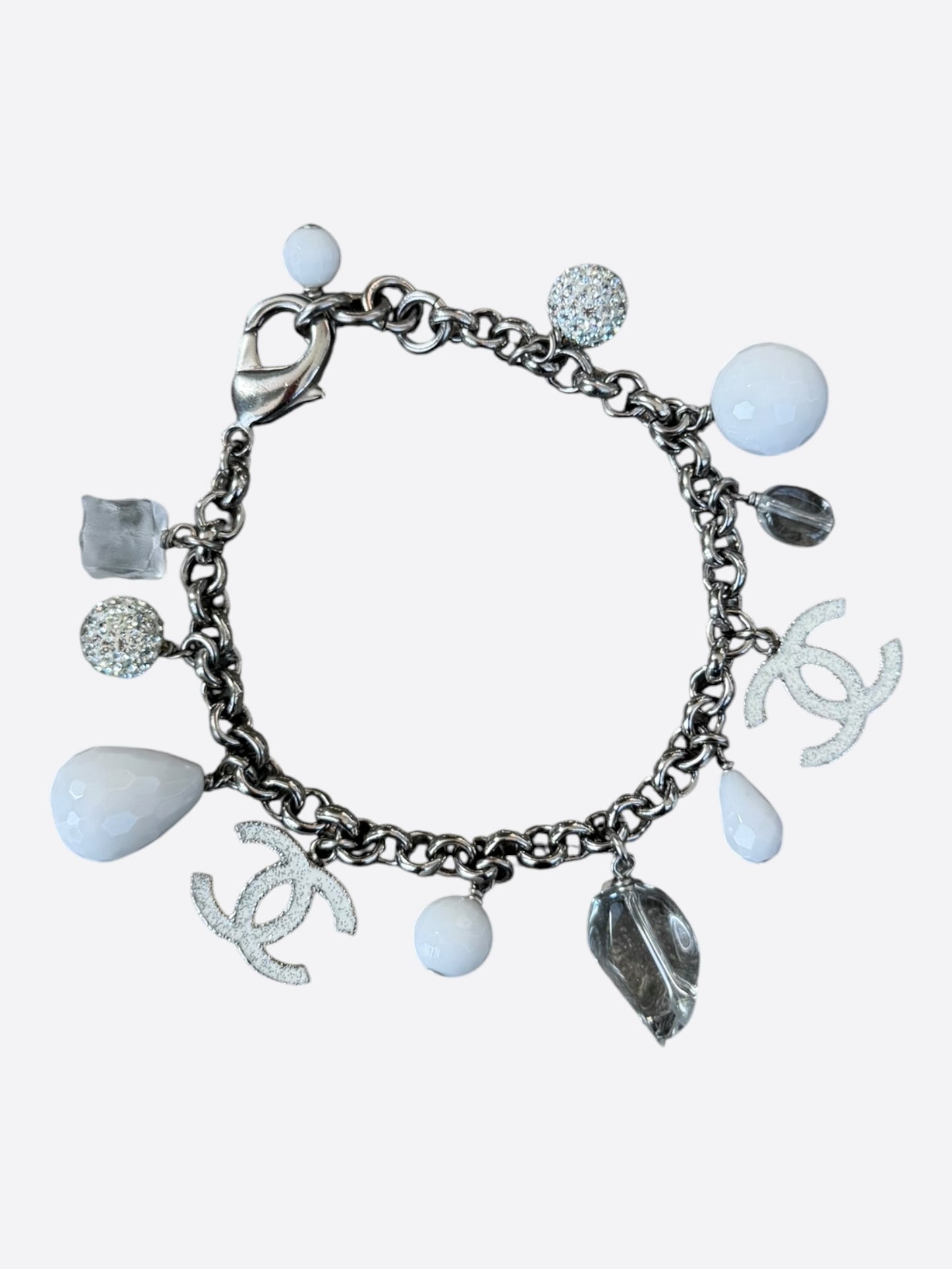 Chanel Silver & White CC Crystal Charm Bracelet