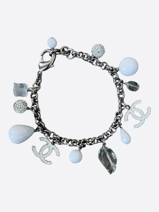Chanel Silver & White CC Crystal Charm Bracelet