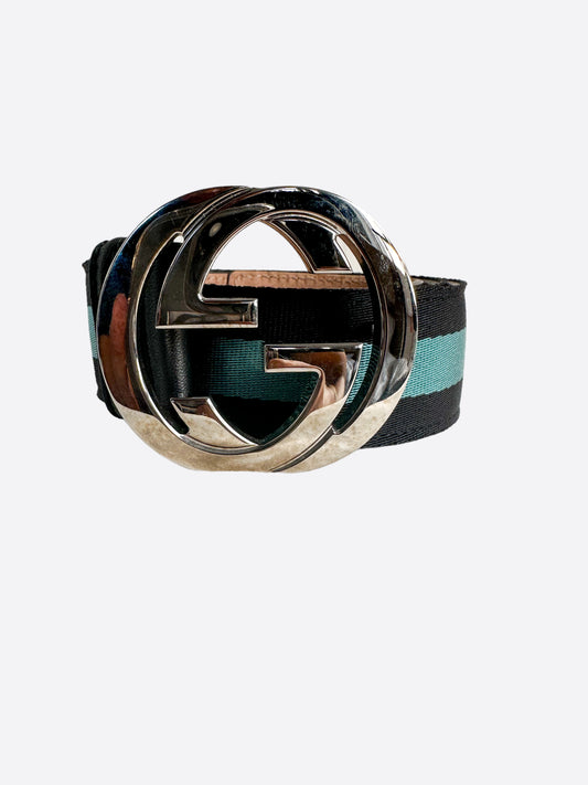 Gucci Blue Striped G Buckle Web Belt